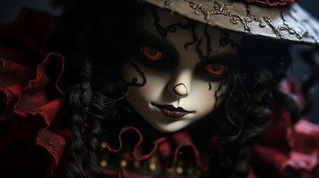 the doll's porcelain face is eerily illuminated in this close-up photo, surrounded by menacing shadows that cast an ominous tone, evoking a sense of foreboding and unease, perfect for fans of horror and the supernatural. ai generatedの素材