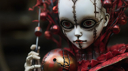 the mysterious forbidden knowledge doll is showcased in this captivating close-up photo, revealing intricate details of its eerie, antique-inspired design, adorned with cryptic symbols and ancient artifacts, evoking a sense of mystique and otherworldly wisdom. ai generatedの素材