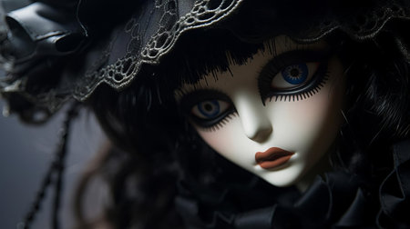 the doll's porcelain face appears eerie and foreboding as menacing shadows cast an ominous tone in this close-up photo, evoking a sense of unease and mystery, perfect for fans of dark art, horror, and the supernatural, with its haunting atmosphere and macabre beauty. ai generatedの素材