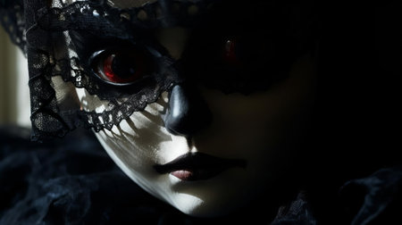 the doll's porcelain face appears eerily serene, surrounded by menacing shadows that cast an ominous tone, evoking a sense of foreboding and unease in this haunting close-up photo, perfect for fans of dark art and horror photography. ai generatedの素材