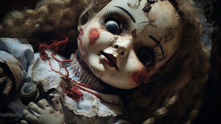 the antique doll, with its intricately braided hair, dons a tattered white dress adorned with delicate lace trim, now stained with dirt and blood, evoking a sense of eeriness and foreboding, as if frozen in a haunting, macabre scene, exuding an unsettling and creepy aura. ai generatedの素材