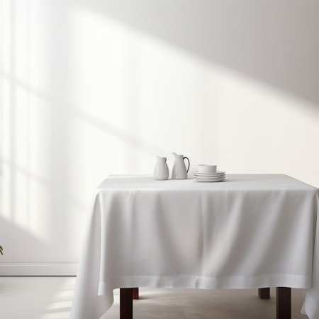 the tablecloth lies elegantly on a simplistic white background, showcasing its subtle texture and folds, creating a clean and minimalist visual appeal, perfect for rustic, vintage, or farmhouse-inspired dining settings, adding a touch of sophistication to any meal or gathering. ai generatedの素材
