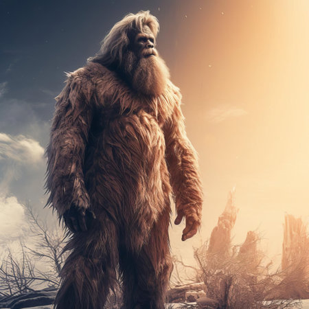 the futuristic humanoid, reminiscent of mythical bigfoot, stands tall in a minimalist environment, surrounded by sleek lines and modern architecture, blending the boundaries between science fiction and reality, evoking a sense of otherworldly presence and futuristic design. ai generatedの素材