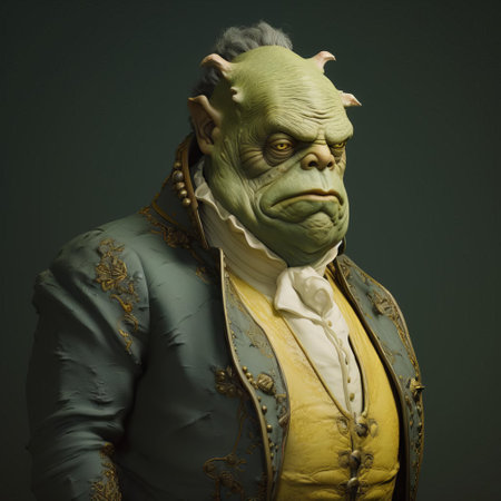the ogre humanoid, adorned with intricate rococo patterns, exudes an air of elegance amidst its monstrous features, blending the opulence of 18th-century french design with the fantastical world of mythical creatures, creating a unique fusion of minimalism and ornate details in this captivating digital art piece. ai generatedの素材