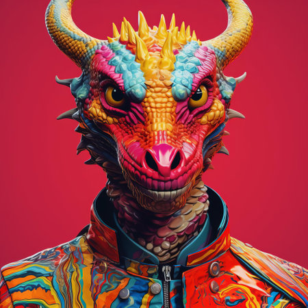 the vibrant dragon humanoid, a mesmerizing fusion of mythical creature and modern technology, stands proudly against a bold, graphic background, embodying the essence of pop art minimalism, where fantasy meets futuristic innovation, and bold colors reign supreme in a celebration of contemporary artistry. ai generatedの素材