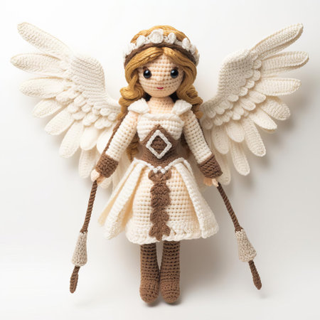 the valkyrie, a mythical norse warrior, stands proudly against a crisp white background, showcasing her intricately knitted costume, complete with armor, helmet, and wings, capturing the essence of scandinavian folklore and mythology in a stunning display of fiber art and craftsmanship. ai generatedの素材
