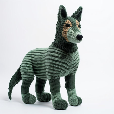 the kelpie, a majestic scottish herding dog breed, stands proudly against a crisp white background, showcasing its intricately knitted features in stunning detail, highlighting its muscular build, agile legs, and intelligent expression, a true masterpiece of canine artistry. ai generatedの素材