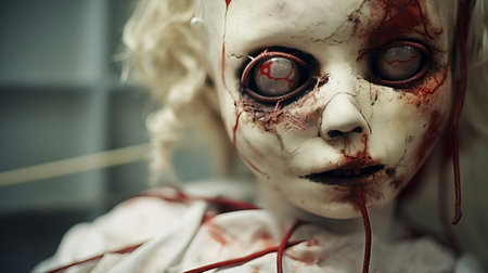 the abandoned doll, with its porcelain skin and glassy stare, sits eerily in the decaying hallway of a haunted hospital, surrounded by peeling walls and rusty medical equipment, evoking a sense of foreboding and unease, as if the spirits of former patients still linger, whispering secrets to the forgotten toy. ai generatedの素材
