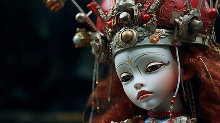 the mysterious forbidden knowledge doll is showcased in this captivating close-up photo, revealing intricate details of its ancient, mystical design, adorned with cryptic symbols and eerie, glowing eyes, evoking an aura of dark mysticism and esoteric wisdom. ai generatedの素材