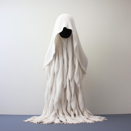 the knitted specter, standing proudly against a pristine white background, showcases its intricately woven details, from the top of its head to its toes, highlighting the artisan's skill in creating a lifelike, full-body representation of this mystical creature, perfect for fans of fantasy and textile art. ai generatedの素材