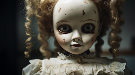 the haunted doll, with its eerie gaze and worn porcelain skin, stares back at you in this chilling close-up photo, evoking feelings of unease and fear, perfect for fans of paranormal activity, creepy collectibles, and supernatural horror. ai generatedの素材