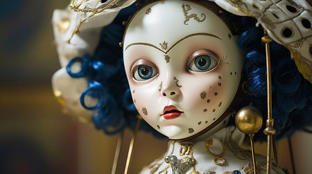 the mysterious forbidden knowledge doll is showcased in this captivating close-up photo, revealing intricate details of its eerie, antique-inspired design, surrounded by subtle, mystical symbols, evoking an air of ancient wisdom and esoteric secrets waiting to be uncovered. ai generatedの素材
