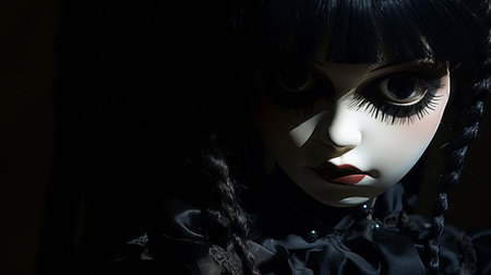the porcelain doll's innocent face is ominously contrasted by menacing shadows that creep across its features, evoking a sense of unease and foreboding in this hauntingly lit close-up photo, capturing the darker side of childhood nostalgia and vintage toy collectibles. ai generatedの素材