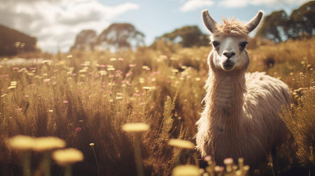 the llama peacefully grazes in a lush green field surrounded by rolling hills and majestic mountains in the background, showcasing its soft fur and gentle nature, highlighting the beauty of south american wildlife and the serenity of rural landscapes. ai generatedの素材