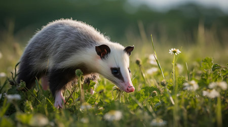 the opossum roams freely in a lush green meadow, its pointed snout twitching as it searches for tasty grasses and wildflowers to graze on, its gray and white fur blending seamlessly into the natural surroundings of the rural landscape on a warm summer evening. ai generatedの素材
