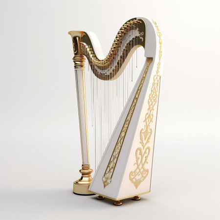 the harp, a majestic stringed musical instrument, stands elegantly against a pristine white background, its intricate curves and lines showcasing its beauty, perfect for music lovers, interior designers, and photographers seeking harmonious and serene visual elements for their projects. ai generatedの素材
