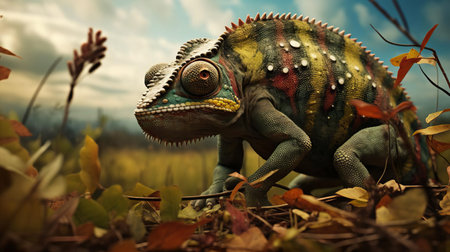 the chameleon is peacefully grazing in a lush green field, its remarkable camouflage abilities allowing it to blend seamlessly into the vibrant surroundings, as it enjoys the warm sunlight and feasts on juicy insects and leaves in this serene natural setting. ai generatedの素材