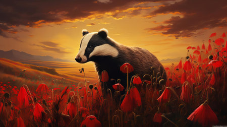 the badger, with its distinctive white stripes on its forehead, peacefully grazes in a lush green field, surrounded by tall grasses and vibrant wildflowers, showcasing its unique ability to thrive in rural landscapes and meadows, highlighting its importance in maintaining ecosystem balance and biodiversity. ai generatedの素材