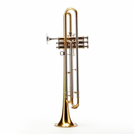 the trombone, a popular brass musical instrument, stands out against a clean white background, showcasing its sleek design and shiny surface, perfect for jazz, blues, and classical music performances, highlighting the importance of musical instruments in art and culture. ai generatedの素材