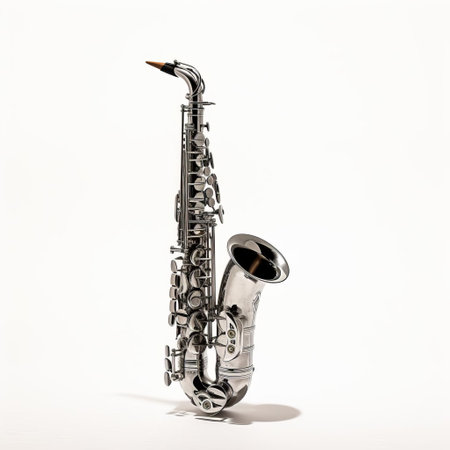the bass clarinet, a large and powerful woodwind instrument, stands out against a pristine white background, showcasing its intricate keys and curved body, evoking feelings of jazz and classical music, perfect for musicians and music enthusiasts alike. ai generatedの素材