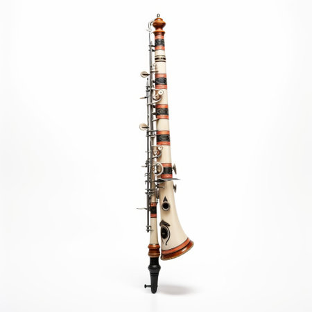the bassoon, a large woodwind instrument, stands out against a pristine white background, its intricate keys and curved body showcasing its unique design, perfect for orchestral performances, chamber music, and classical music enthusiasts. ai generatedの素材