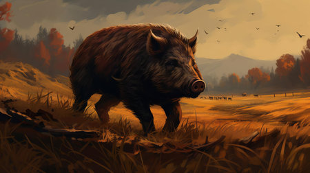 a wild boar is peacefully grazing in a lush green field, surrounded by tall trees and vibrant wildflowers, showcasing its natural habitat and behavior in the countryside, highlighting the importance of conservation and wildlife preservation in rural areas. ai generatedの素材