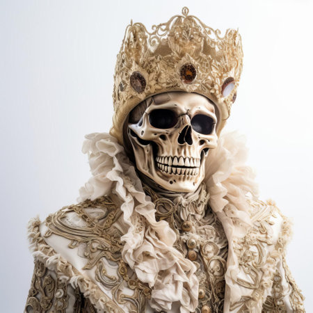 a skeleton costume stands out against a pristine white background, its bony fingers and toes starkly contrasting with the pure surroundings, evoking a sense of spooky elegance, perfect for halloween parties or themed events, where darkness meets sophistication. ai generatedの素材