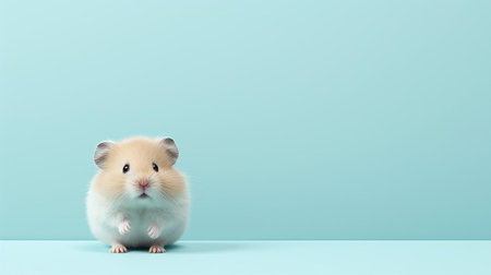 this adorable hamster's body is proportionally large compared to its head and ears, showcasing its cute physical characteristics, while the background features a soothing gradient of light blue hues, transitioning from a darker shade at the top to a lighter one at the bottom, evoking a sense of calmness and serenity, perfect for animal lovers and fans of small pets, rodents, and furry friends. aiの素材