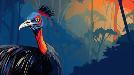 the cassowary, a large and flightless bird, stands majestically against a minimalist background, showcasing its unique casque, or crest, on its head, with its brown and grey feathers blending seamlessly into the subtle surroundings, creating a striking contrast between nature and simplicity. ai generatedの素材