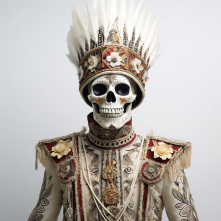 a skeleton costume stands out against a pristine white background, its bony details and eerie grin capturing the essence of halloween spirit, perfect for spooky decorations, costume parties, and trick-or-treat festivities, evoking a sense of macabre fascination and playful horror. ai generatedの素材