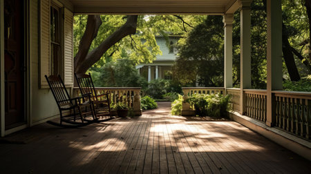 the porch, worn and weathered, stands in dire need of renovation, its once-charming facade now faded and cracked, with peeling paint and rusty railings crying out for a fresh coat and some tlc to restore its former glory and functionality. ai generatedの素材