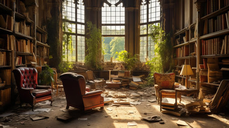 the reading room, filled with old books and dusty shelves, sits in disrepair, awaiting a much-needed renovation to restore its former glory, with worn-out chairs and faded carpets crying out for a fresh coat of paint and modern amenities to create a cozy atmosphere for book lovers. ai generatedの素材