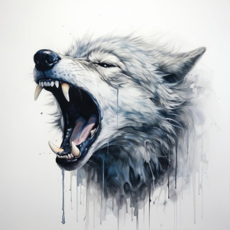 wolf, majestic and powerful, lets out a haunting howl in a serene white background, its piercing gaze and sharp teeth a testament to its wild nature, evoking feelings of freedom and wilderness in this stunning wildlife photography. ai generatedの素材