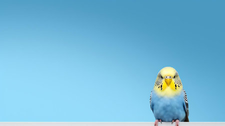 the budgerigar perches confidently on a simple, white minimalist background, showcasing its vibrant green and yellow feathers, with subtle grey markings on its face, creating a striking visual contrast that highlights the beauty of this small, popular pet bird species. ai generatedの素材