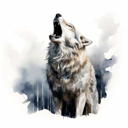 wolf, majestic and powerful, lets out a haunting howl in a serene white background, showcasing its wild nature and primal instincts, evoking feelings of freedom and wilderness, perfect for fans of wildlife photography and nature enthusiasts. ai generatedの素材