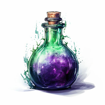 the potion, a mysterious concoction of magical ingredients, sits elegantly against a pristine white background, showcasing its vibrant colors and intricate details, evoking a sense of fantasy and wonder, perfect for fans of fantasy art, magic, and mystical creatures. ai generatedの素材