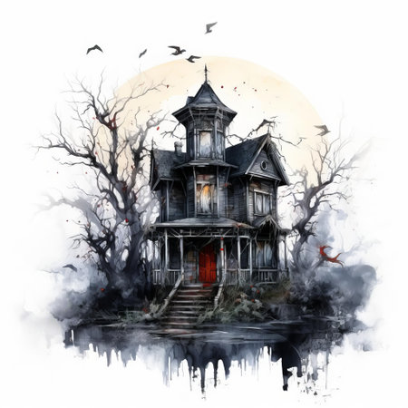 the haunted house stands ominously against a stark white background, its creepy facade and twisted trees exuding an eerie atmosphere, perfect for halloween decorations or spooky wallpaper, evoking feelings of fear and mystery in this hauntingly beautiful scene. ai generatedの素材