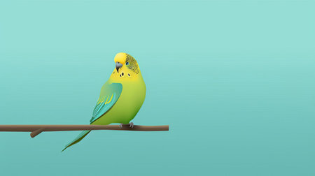 the budgerigar perches confidently on a simple wooden dowel against a clean, minimalist background, showcasing its vibrant green and yellow plumage, with subtle hints of blue and grey, highlighting the beauty of this small, popular pet bird in a serene and understated setting. ai generatedの素材