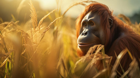 the orangutan, a majestic primate, roams freely in a lush green field, indulging in a snack of fresh grass and leaves, showcasing its natural habitat and unique behavior in the wild, highlighting the importance of conservation efforts for these endangered creatures in their native rainforest environments. ai generatedの素材