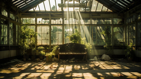 the solarium, once a serene retreat, now stands in disrepair, its worn wooden frames and faded glass panels crying out for renovation, awaiting a skilled hand to restore its former glory and transform it into a tranquil oasis once more. ai generatedの素材