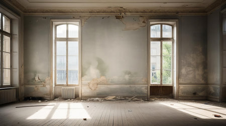 the abandoned room, stripped bare of furniture and decor, stands as a blank canvas awaiting renovation, its peeling walls, worn wooden floors, and outdated fixtures crying out for a fresh new look, modern amenities, and a dash of interior design flair to bring it back to life. ai generatedの素材