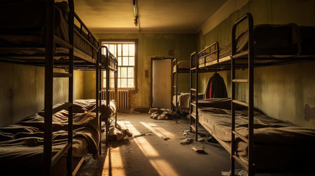 the dormitory, with its worn-out furniture and faded walls, stands in dire need of renovation, its once-vibrant atmosphere now dulled by years of neglect, awaiting a fresh coat of paint and modern amenities to restore its former glory and provide a comfortable living space for students. ai generatedの素材