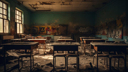 the classroom, filled with worn-out desks and faded chalkboards, desperately requires renovation to provide a conducive learning environment for students, with peeling paint, outdated technology, and broken chairs hindering the educational experience, emphasizing the need for a modern makeover. ai generatedの素材