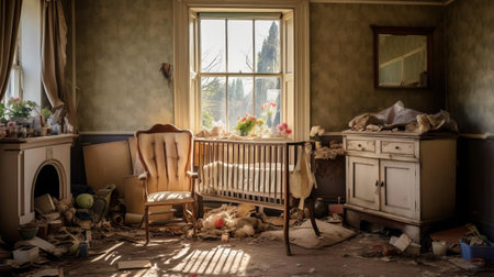this nursery, in dire need of renovation, showcases a worn-out interior with faded walls, outdated furniture, and a general sense of neglect, highlighting the importance of a thorough makeover to create a safe and stimulating environment for young children to grow and thrive. ai generatedの素材