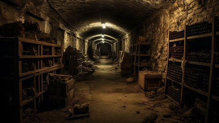the wine cellar, cluttered with old barrels and dusty bottles, sits in disarray, awaiting a much-needed renovation to restore its former glory, with cracked stone walls, worn wooden shelves, and a dimly lit atmosphere, crying out for a fresh makeover to become a sophisticated wine storage space. ai generatedの素材