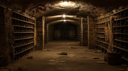 the wine cellar, dimly lit with old wooden barrels and dusty wine racks, awaits a much-needed renovation to restore its former glory, with peeling paint and worn stone walls crying out for a fresh coat and modern amenities to bring it back to life. ai generatedの素材