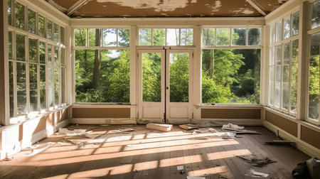 the living room interior boasts a warm, brown wood floor and beige walls, complemented by a high ceiling adorned with white trim, creating a cozy atmosphere, while the glass wall and door, comprising numerous panes, allow for an abundance of natural light to pour in, illuminating the space and providing a stunning view of the lush greenery outside. ai generatedの素材