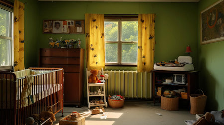 this neglected nursery, cluttered with old furniture and worn-out toys, desperately needs a renovation to transform it into a safe and stimulating space for young children to learn and grow, requiring a fresh coat of paint, new flooring, and modern decor. ai generatedの素材