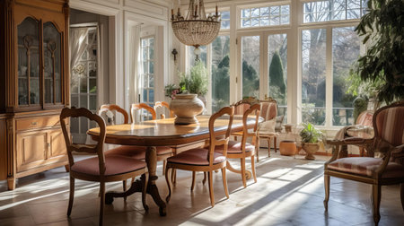 the dining area, cluttered with old furniture and faded wallpaper, desperately needs a renovation to transform it into a modern and cozy space, perfect for family gatherings and dinner parties, with new flooring, lighting, and a fresh coat of paint. ai generatedの素材