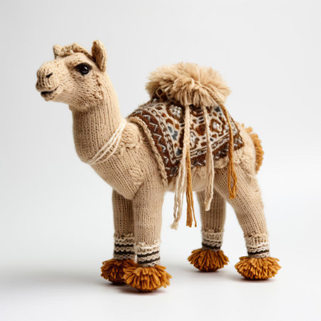 the knitted camel, with its intricate stitching and soft texture, takes center stage against a crisp white background, evoking a sense of warmth and coziness, perfect for winter wonderland-themed decor or as a unique gift for camel enthusiasts, showcasing exceptional knitting skills and attention to detail. ai generatedの素材